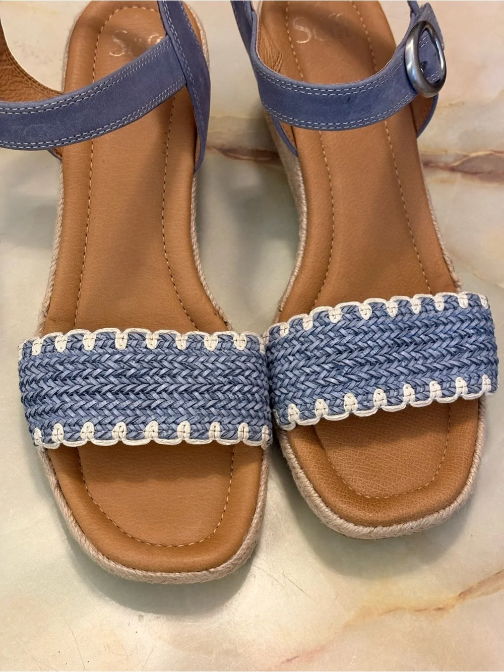 Sofft Inez Blue/White Leather Espadrille Wedge Strap Sandals Womens Sz 11
